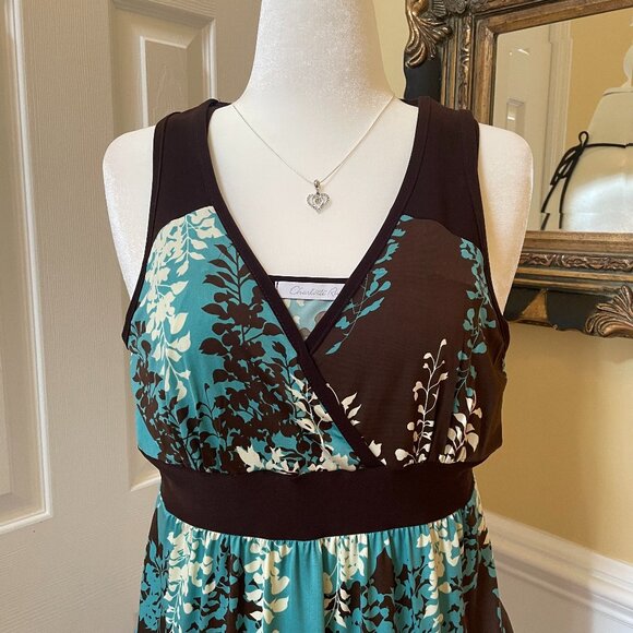 Charlotte Russe Summer Dress Size M Aqua Brown Black White Low V-Front Low Back - Picture 2 of 7